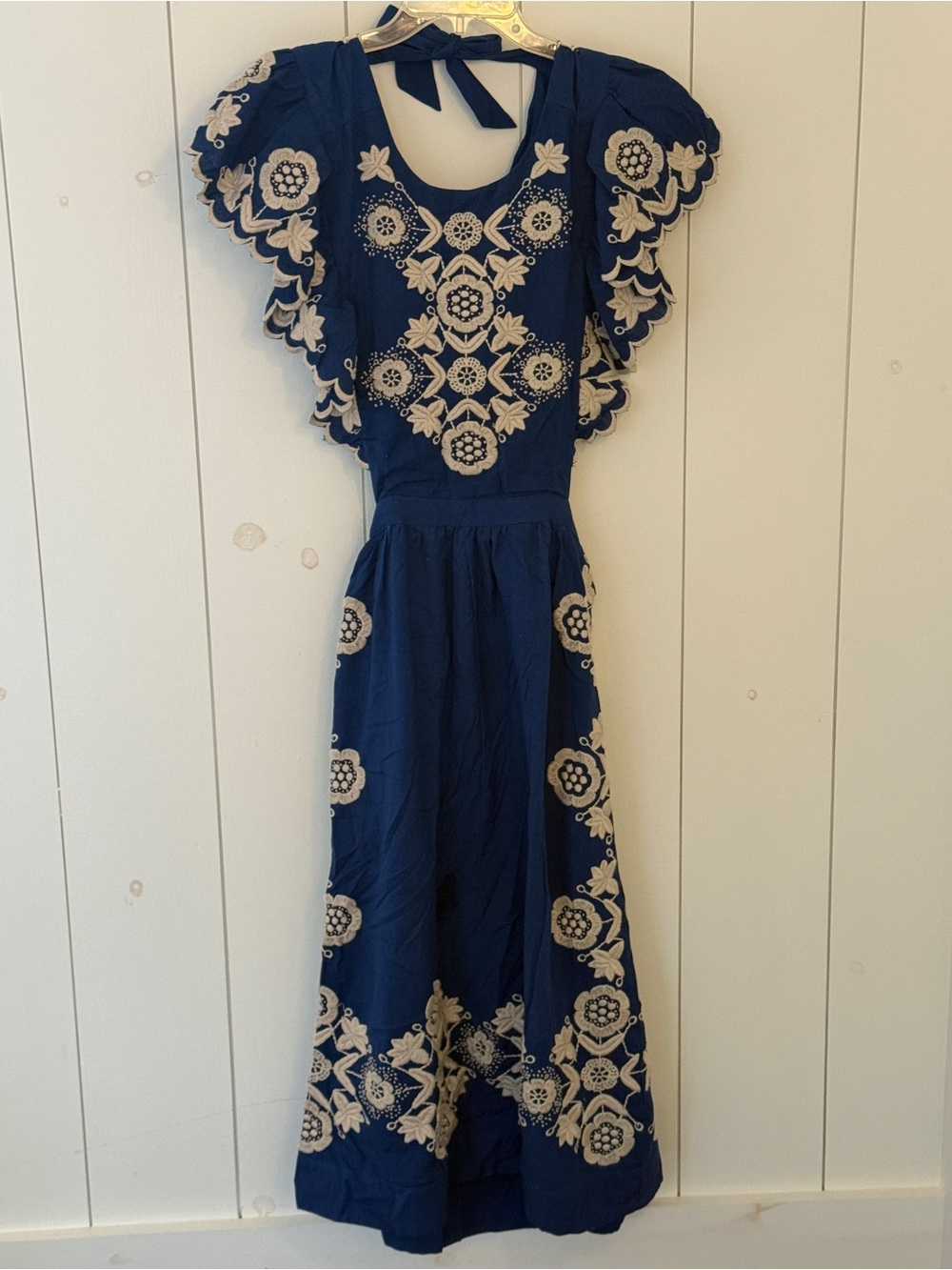 Sea New York Navy and Cream Embroidered Flutter Maxi Dress